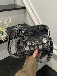 迷你時尚花卉刺繡牛仔多口袋斜跨包－百搭女款單肩包，小牛仔包，可調節肩帶媽媽包 - 黑色 - 查看 7