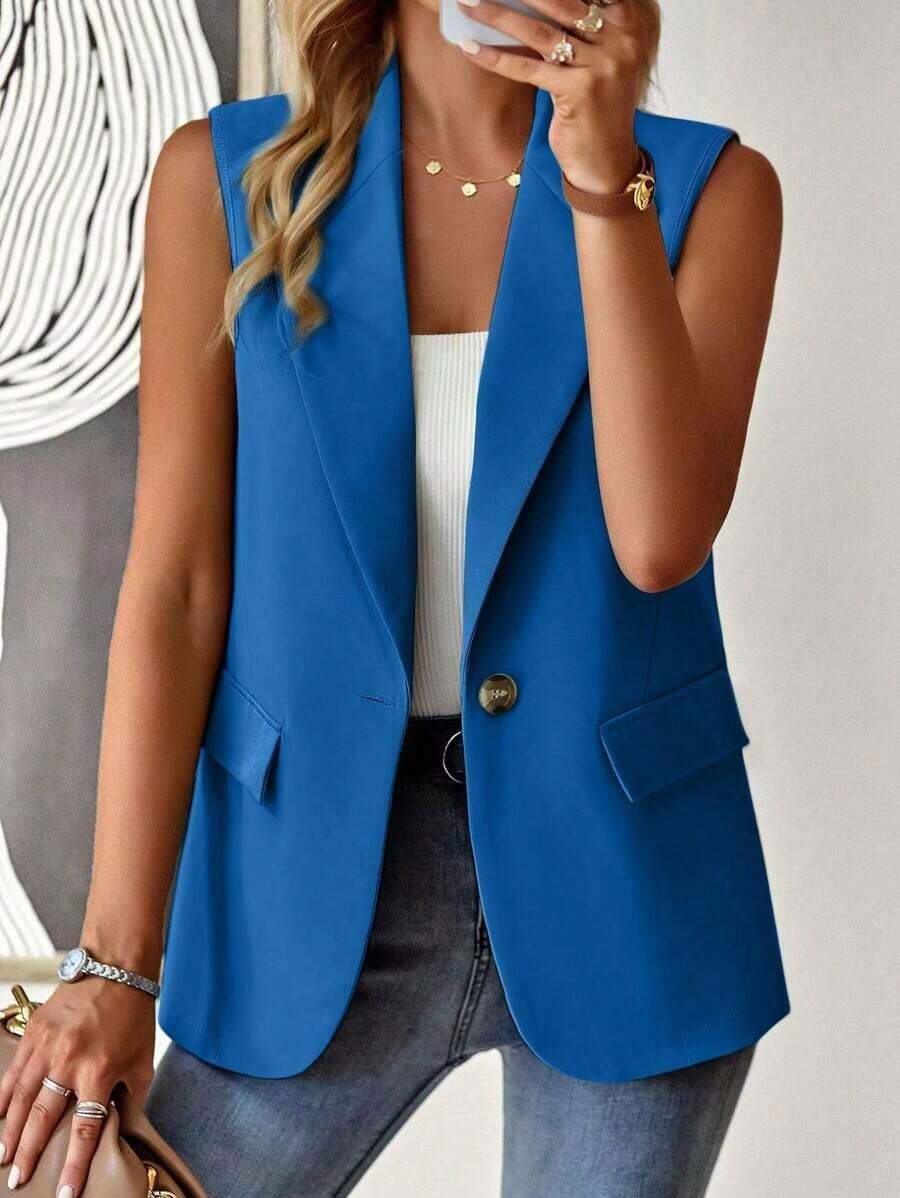 Blazer sin mangas de estilo elegante de color verde oliva para mujer, chaleco casual con solapa y botón en tela tejida lisa, corte regular - Azul 2 - Ver 1