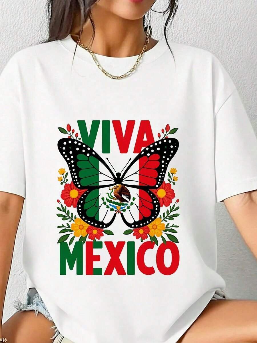 Camiseta Viva México con Bandera de Mariposa Mexicana para el Día de la Independencia, 100% Algodón, Manga Corta, Cuello Redondo, Unisex, Regalo de Orgullo Mexicano, Camiseta con Gráfico Floral de la Monarca, Cinco de Mayo, para el verano. - Blanco - Ver 1