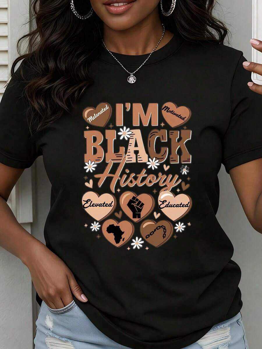 Camiseta de Cuello Redondo para Mujer con Estampado "I M Motivated Elevated Educated", Manga Corta para Uso Casual y Celebración del Legado - Negro - Ver 1