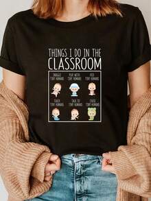 Camiseta Divertida para Maestras 100% Algodón |   con ABCs 123s Formas Colores - Lindo Uniforme de Maestra, Camiseta Casual de Manga Corta para Maestros de Jardín de Infancia y Primaria - Regalo Divertido - Estilo Urbano Vintage, Camiseta Unisex de Algodón Suelto de Manga Corta con Cuello Redondo - Negro - Ver 1
