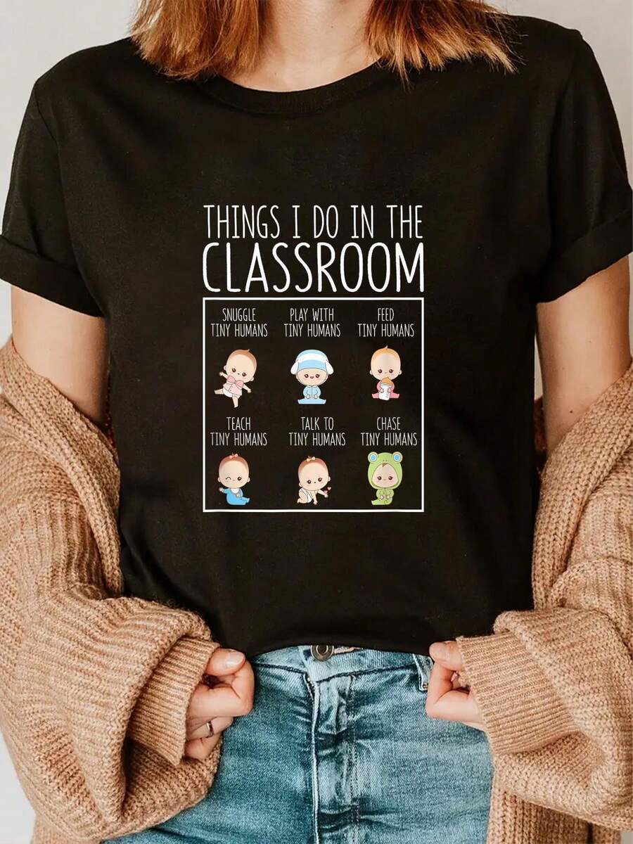 Camiseta Divertida para Maestras 100% Algodón |   con ABCs 123s Formas Colores - Lindo Uniforme de Maestra, Camiseta Casual de Manga Corta para Maestros de Jardín de Infancia y Primaria - Regalo Divertido - Estilo Urbano Vintage, Camiseta Unisex de Algodón Suelto de Manga Corta con Cuello Redondo - Negro - Ver 1