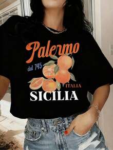 Vintage Loose Fit Women's Casual Short Sleeve T-Shirt With Letter Print - Vibrant Orange Citrus Fruit Print With Palermo 757 Italy Sicilia Text, Breathable Medium Stretch Round Neck Summer Top, Machine Washable Regular Fit Oversize Women's Printed T-Shirt 100% Pure Cotton - 黑色 - 查看 7