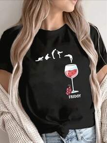 Camiseta 100% algodón, una prenda de primavera/verano para mujer de talla grande, con un estampado de "Viernes de Copa de Vino", cuello redondo, mangas cortas, top casual y elegante, ropa elegante para fiestas, corte holgado, regalo para las fiestas, diseño divertido, adecuada para uso diario y como camiseta para estar en casa. - Negro - Ver 1