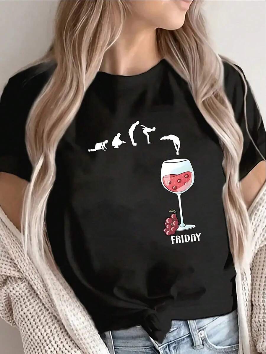 Camiseta 100% algodón, una prenda de primavera/verano para mujer de talla grande, con un estampado de "Viernes de Copa de Vino", cuello redondo, mangas cortas, top casual y elegante, ropa elegante para fiestas, corte holgado, regalo para las fiestas, diseño divertido, adecuada para uso diario y como camiseta para estar en casa. - Negro - Ver 1