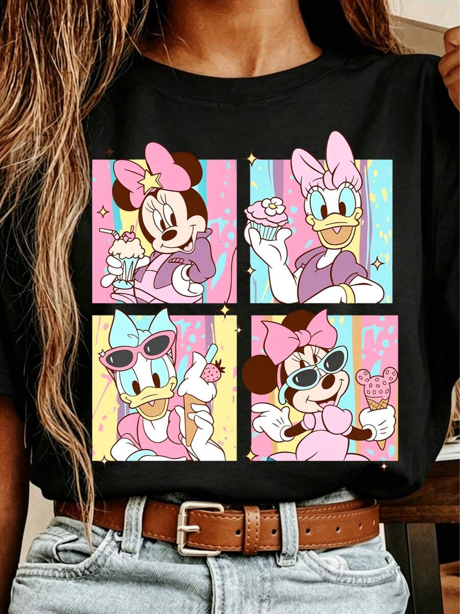 [Disney Official Authorization] Disney Minnie Mouse & Daisy Duck Cartoon Print White -Simple Casual Style Graphic 100% Pure Cotton T-Shirt - Soft & Comfortable Crew Neck Short Sleeve Tee, Streetwear Fashion Top For All Seasons, Casual Streetwear | Round Neck Tshirt - màu đen - Xem 1