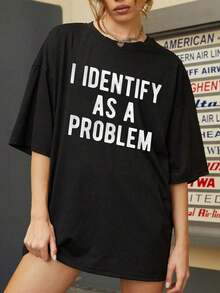 Women's Short-Sleeved T-Shirt, Round Neck, Casual Style, Unisex, With Slogan Print "I Identify As A Problem", For Casual Wear In All Seasons, Comfortable, Fashionable, Creative Print, Casual Sportswear. - 黑色 - 查看 1