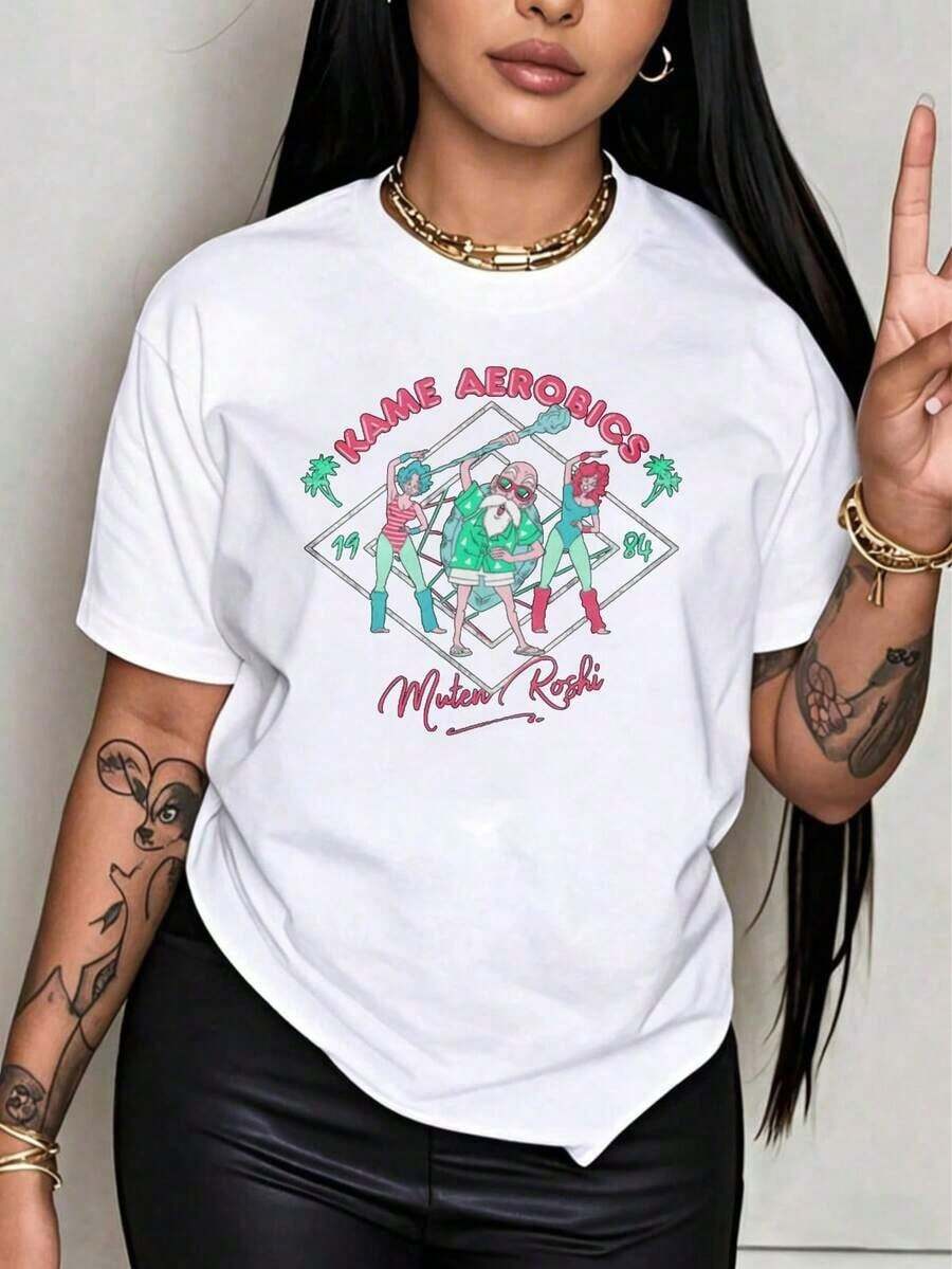 Under The Radar Crew Neck Funny Print Kame Aerobics Muten Roshi Inspired T-Shirt For Women, Casual Black Graphic Tee Retro 1984 Style, Unisex Top Suitable For Christmas Gifts - Unisex Urban Vintage Style Loose Fit Cotton Short Sleeve Crew Neck T-Shirt. - 白色 - 查看 1