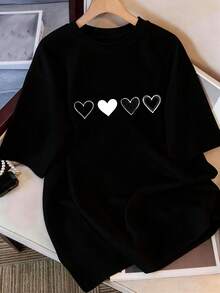 Women's 100% Cotton Crew Neck T-Shirt With Heart Print, For Fishing And Outdoor Activities, Machine Washable | Fashionable Women's Top | Summer T-Shirt For Women, Vintage Urban Style, Unisex, Loose Fit, Cotton, Short Sleeve, Crew Neck - 黑色 - 查看 7