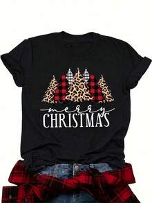 Camiseta de manga corta con estampado de letras, camiseta casual de cuello redondo para mujer - Negro - Ver 6