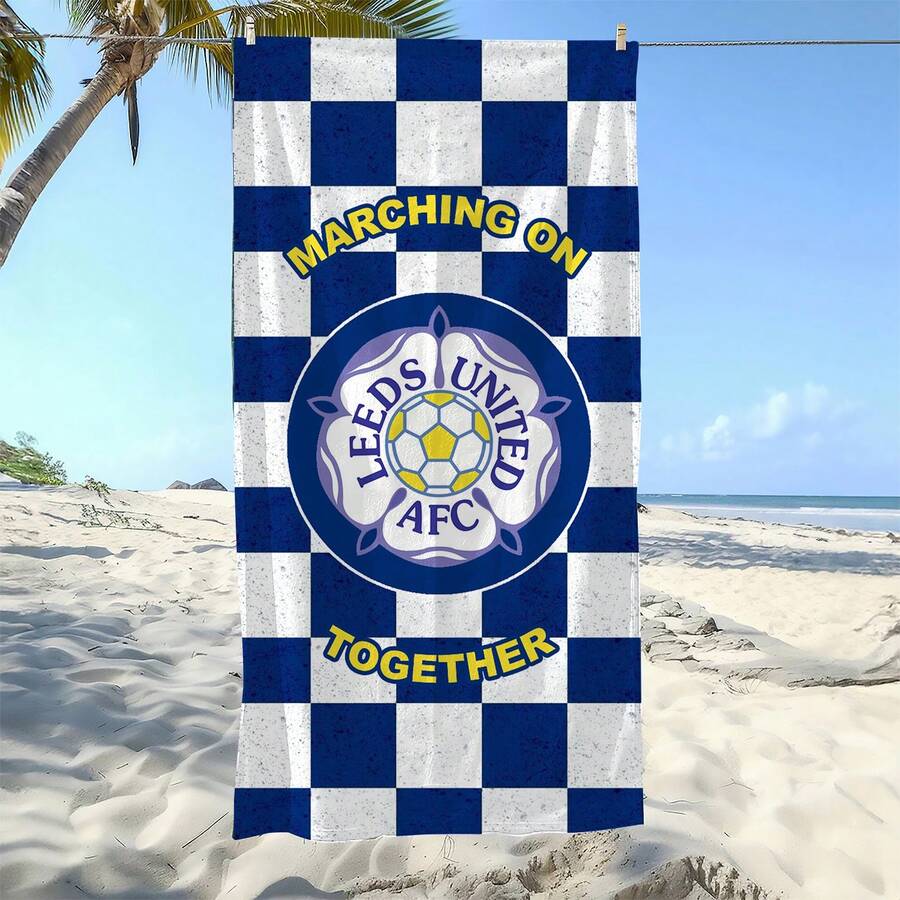1pc Leeds United AFC Official Badge & Buffalo Check Beach Towel - Quick Dry Polyester Blend, Soft & Lightweight, Suitable For Beach, Pool, Sports Enthusiasts - Blue & Yellow Geometric Design With "Marching On Together" Text, Pool Side Accessory, Beach Sand-Proof Large Absorbent Towel - Bathroom, Swimming Pool - A - View 1