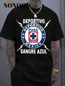 Black T-Shirt With Eye-Catching Designs - White 'NONOGO' And 'DEPORTIVO SANGRE AZUL' Print - Circular Logo With Red Cross And The Legends 'PURA MEXICO' And 'MEXICO' - Perfect For Urban Style, Ideal For Fans Of Football And Mexican Culture, A Great Gift For Any Occasion - 黑色 - 查看 6
