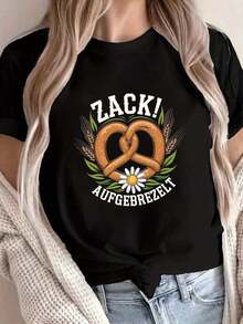 Blusas>Bonito  Camiseta de Mujer con Frase Alemana y Estampado de Pretzel - Texto en Alemán DFS Suitable for, Cuello Redondo Manga Corta Casual, Lavable a Máquina, Top para Primavera y Verano 100% Cotton Blusas Para Mujer Casual - Negro - Ver 2