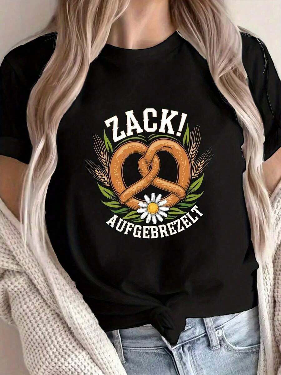 Blusas>Bonito  Camiseta de Mujer con Frase Alemana y Estampado de Pretzel - Texto en Alemán DFS Suitable for, Cuello Redondo Manga Corta Casual, Lavable a Máquina, Top para Primavera y Verano 100% Cotton Blusas Para Mujer Casual