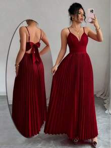 Vestido largo de mujer de unicolor, minimalista y casual con tirantes finos, espalda descubierta y lazo - Burdeos - Ver 1
