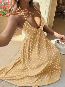 YHHSunnyshic Vestido con estampado digital rosa, cintura ajustada, espalda descubierta, tirantes con lazo, estilo francés de escote en V para vacaciones en la playaYHH - Amarillo claro - Ver 5