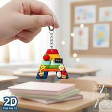 1pc 2D Flat Acrylic Alphabet Keychain, Rainbow Letter Key Ring With School Theme Decor, Personalized Initial Bag Charm, - Multicolor - View 1