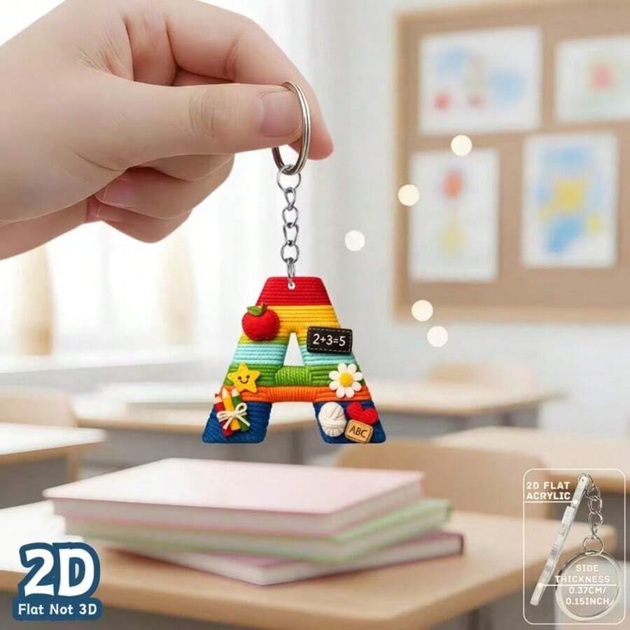 1pc 2D Flat Acrylic Alphabet Keychain, Rainbow Letter Key Ring With School Theme Decor, Personalized Initial Bag Charm, - Multicolor - View 1