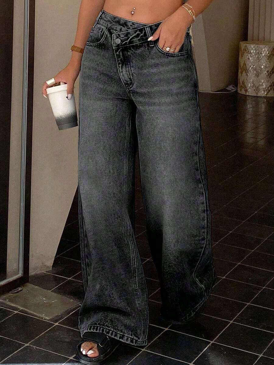 Jeans de pierna recta con diseño de cintura baja para mujeres - Negro - Ver 1