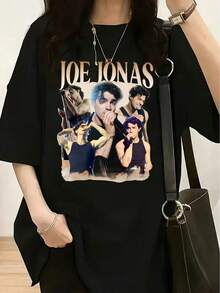 JOE JONAS Estampado de Retrato, Camiseta Casual de Cuello Redondo y Manga Corta para Mujer, Mezcla de Algodón Suave, Corte Holgado, Artículo de Moda Esencial - Multicolor - Ver 1