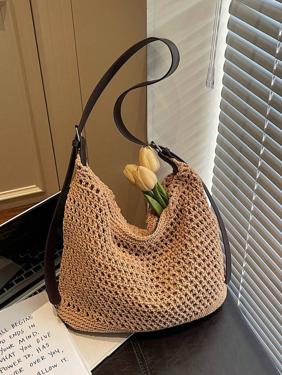 Handmade Woven Straw Shoulder Bag, Minimalist & Fashionable - Khaki - View 1