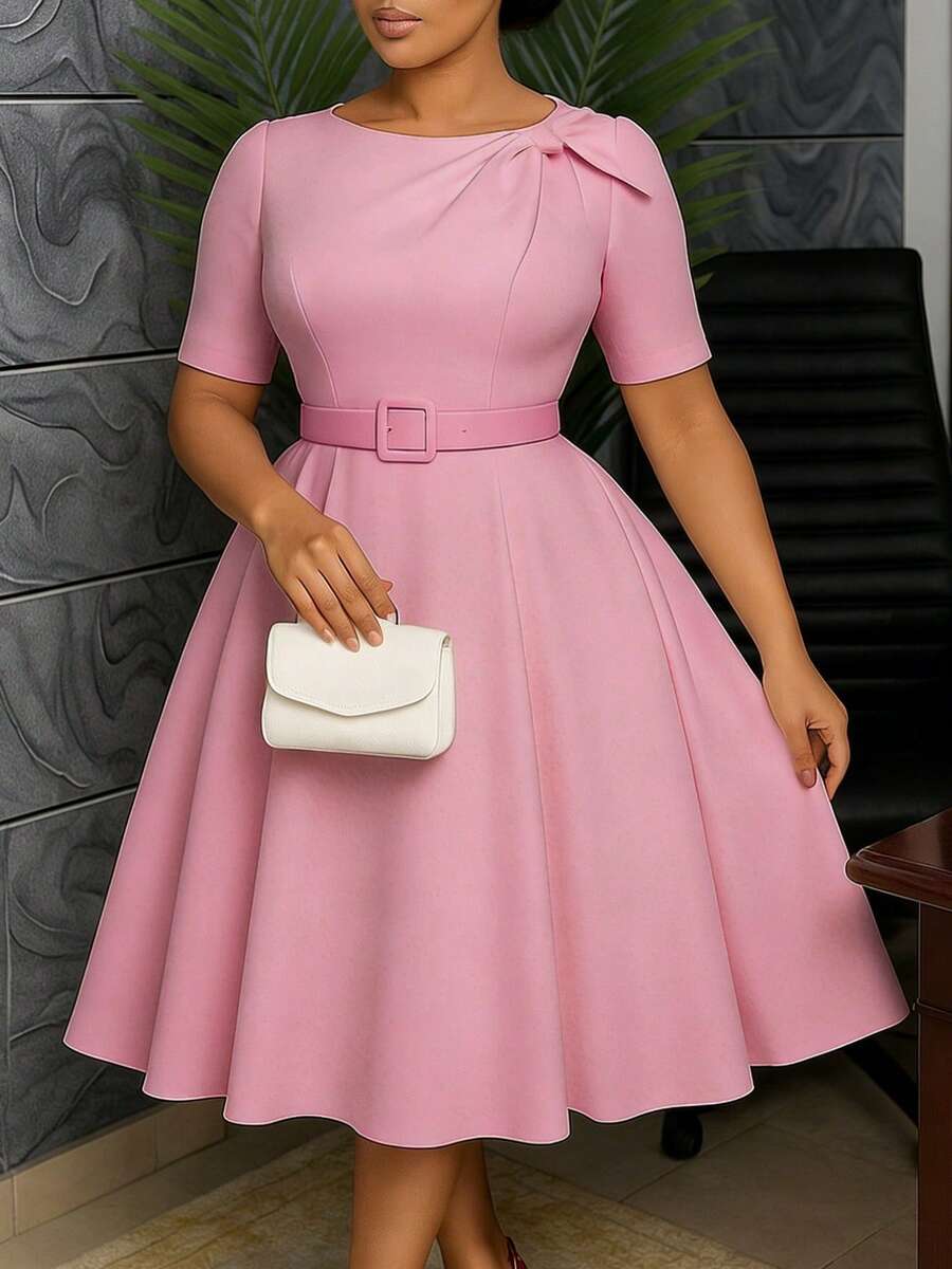 Vestido de fiesta elegante para mujer, cuello redondo y manga corta