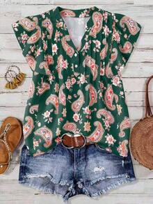 Blusa casual de mujer con estampado de cerezas, cuello plisado y mangas cortas de campana en silueta "H", para uso diario y vacaciones - Verde Oscuro - Ver 1