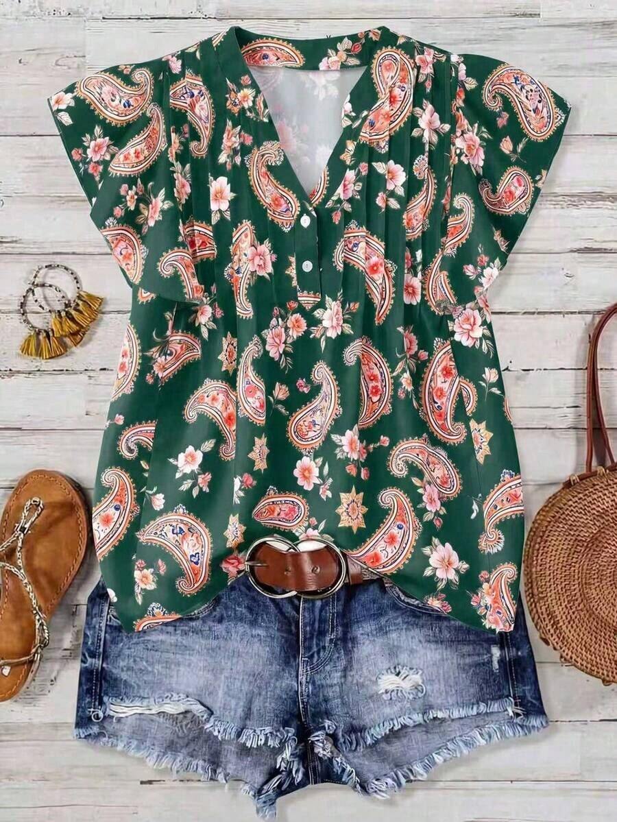 Blusa casual de mujer con estampado de cerezas, cuello plisado y mangas cortas de campana en silueta "H", para uso diario y vacaciones - Verde Oscuro - Ver 1