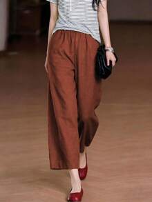 Pantalones anchos de lino de estilo bohemio casual de verano para mujer, de unicolor, con cintura elástica y bolsillos, para primavera - Rojo - Ver 4
