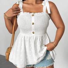 Plus Size Women's Solid Color Front Gathered Patchwork Textured Fabric Shoulder Strap Blouse - Azul - Ver 2