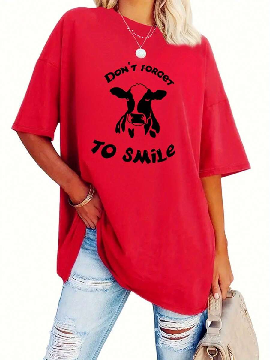 Talla grande, camiseta con estampado de letras, top casual de manga corta y cuello redondo, ropa de mujer. - Rojo - Ver 1
