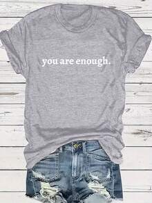 Women's Plus Size Graphic T-Shirt "You Are Enough" - Casual, Short Sleeve, Crew Neck, Light Brown, Loose Fit, Summer And Spring Top, Casual Wear | Loose Fit Top | Lightweight T-Shirt - 淺灰色 - 查看 1