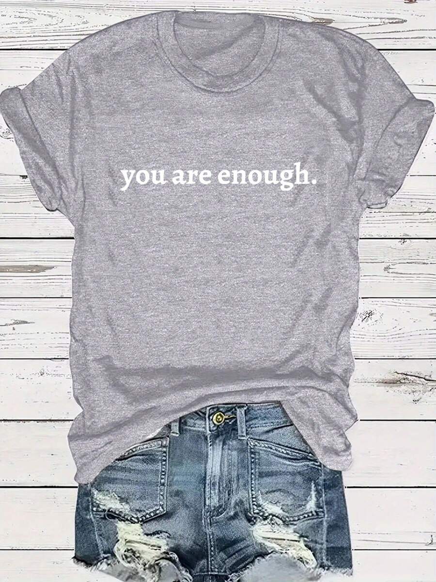 Women's Plus Size Graphic T-Shirt "You Are Enough" - Casual, Short Sleeve, Crew Neck, Light Brown, Loose Fit, Summer And Spring Top, Casual Wear | Loose Fit Top | Lightweight T-Shirt - 淺灰色 - 查看 1