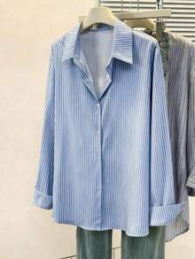 Blusa de mujer con cuello polo, estampado de corazones y rayas - Camisa casual de manga larga con botones, adecuada para uso diario en primavera, verano y otoño - Azul sin corazón - Ver 2