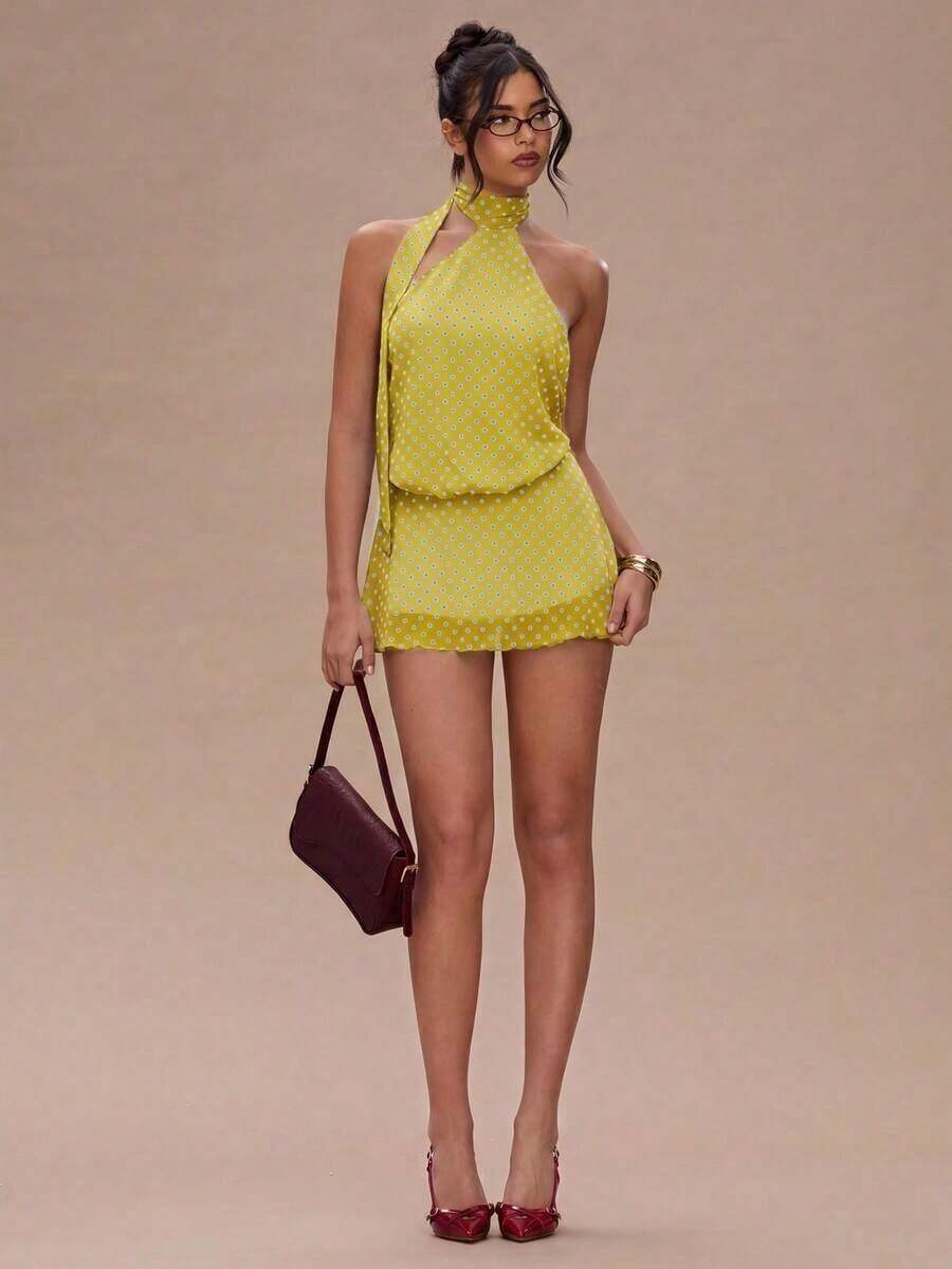 Vestido mini con estampado de lunares y espalda descubierta para mujer - Mostaza Amarilla - Ver 1