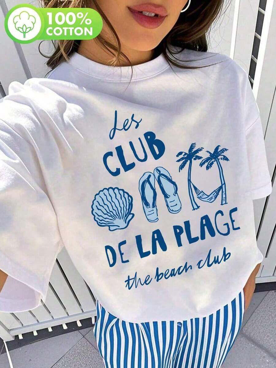 1 Piece Beach Surf Club Sun Print T-Shirt, Retro Summer T-Shirt With Tropical Palm Tree Graphic, Vintage Wave Design, Resort Vacation Sunset, Pure Cotton Top, 180g 100% Cotton. - 白色 - 查看 1