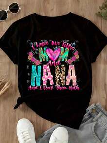 1 pieza Camiseta de Mujer con Estampado Floral y de Leopardo, Diseño de Texto "Tengo Dos Títulos: Mamá y Abuela, y las Lleneto de Estilo", Regalo para Mamá y Abuela, 180g, 100% Algodón - Negro - Ver 4