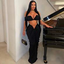 S10642 Sexy European And American Style Sleeveless Strapless Elastic Tight-Fitting Floor-Length Pleated Skirt Two-Piece Set - Đỏ - Xem 4