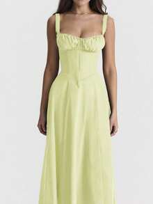 French-Style Long Strapless Dress With Soft Flowers - Green - View 4