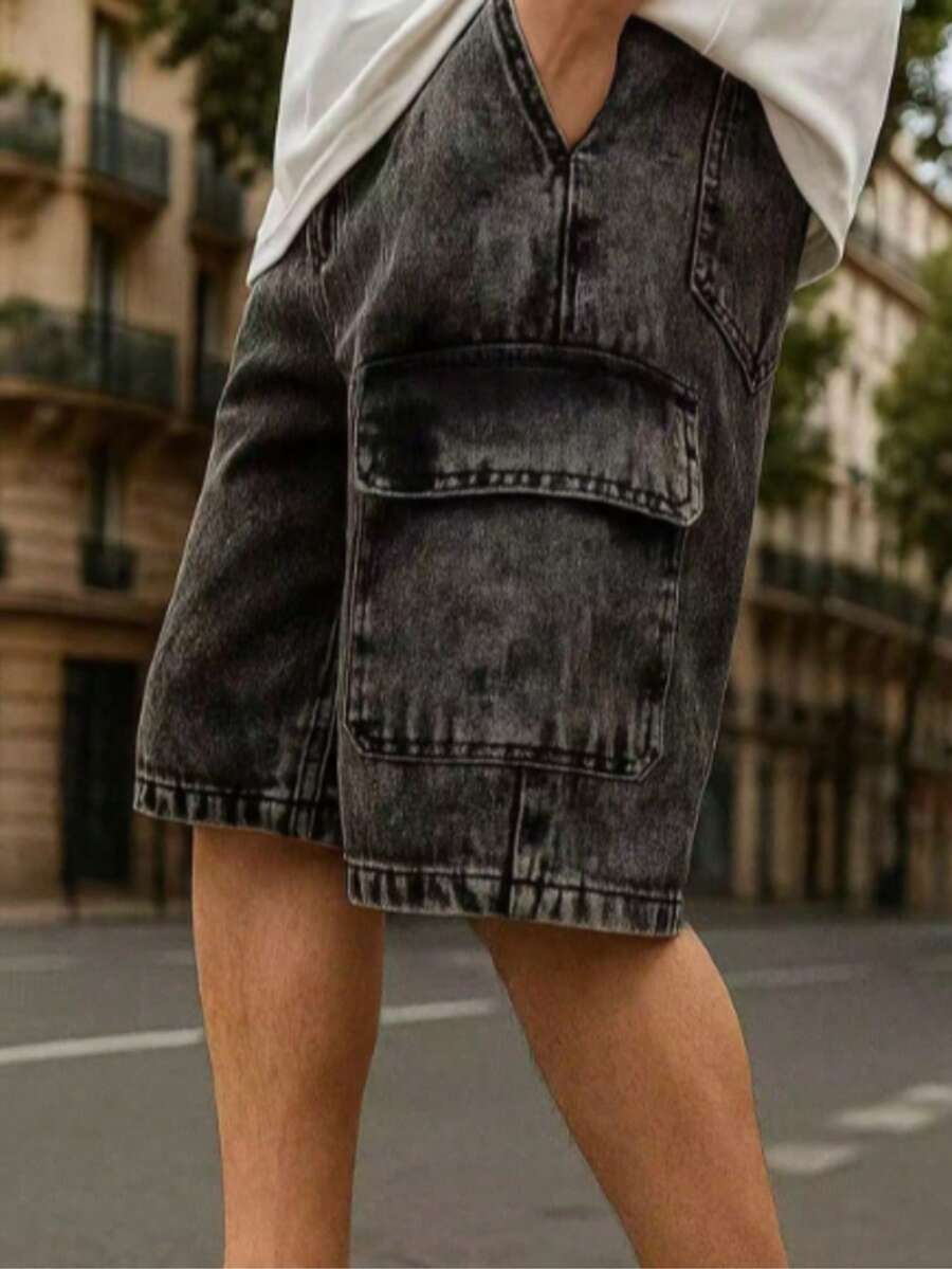 Spring And Summer Men's Cargo Shorts, Stonewashed Denim, Baggy Streetwear, Loose Casual With Large Pockets, Drawstring Waist, Sizes P To GG (S To XL) - Flint Stone - View 1