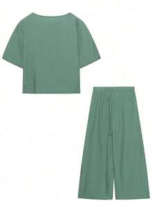 Conjunto De Top Y Pantalones Para Damas Con Cuello Redondo Y Mangas Murciélago - verde menta - Ver 2