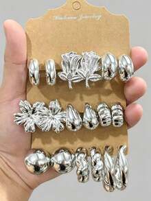 6-18pcs Silver-Tone Earring Set For Women, Includes Rose Flower, Geometric Shapes, Textured Designs, Suitable For Pairing With Various Styles - Silver - View 1