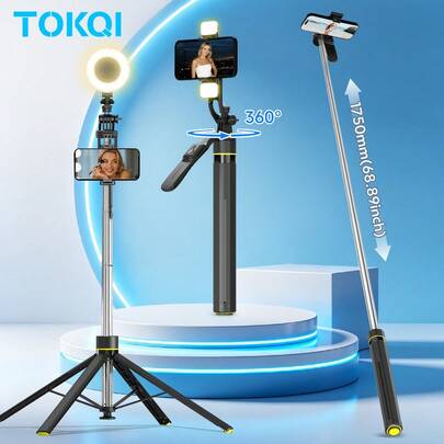 TOKQI 2026新款可伸缩自拍杆带三脚架，360°旋转手机支架带蓝牙遥控器，可拆卸手持稳定器带补光灯，三合一便携式不锈钢稳定器支架，适用于户外Vlog、旅行、视频拍摄
