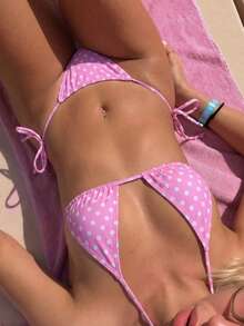 Bikini de dos piezas con tirantes finos y estampado de lunares, estilo dulce para vacaciones de verano - Multicolor - Ver 8