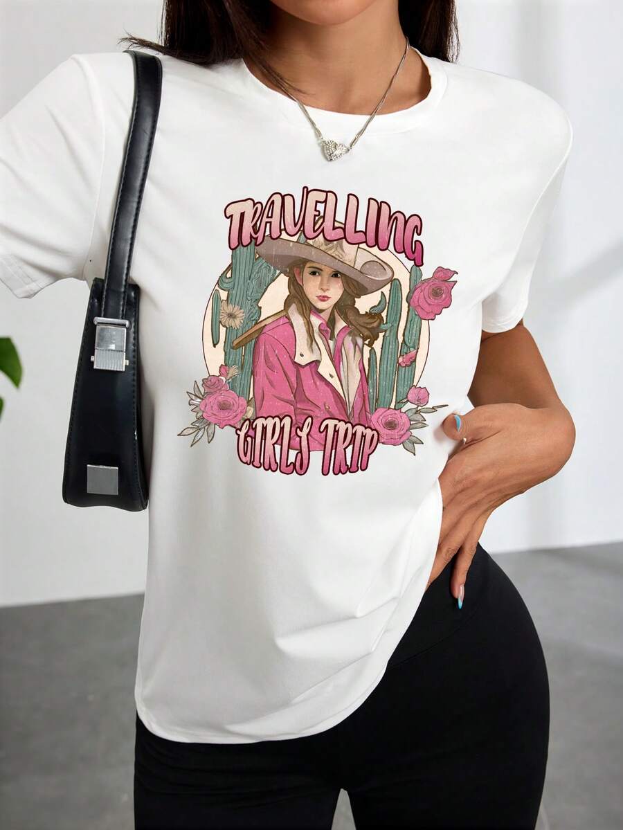 Camiseta blanca elegante para mujeres con un estampado gráfico de una mujer en un sombrero con un cactus, perfectara vies, salidas informales y vacaciones