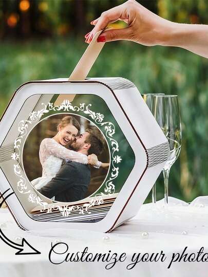 Personalisierte Foto Hexagon Transparentes Fenster Holzbox, Feiertags- und Hochzeitsdekoration, Hochzeitsgästebuch Kartenhalter, Holz-DIY-Montage Hochzeitskarten Box, Personalisierte Foto Transparente Acryl Holzbox