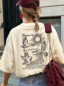Women's Summer T-Shirt, Short Sleeve With Round Neck, Peace Dove And Sun Print, Loose Fit, Bohemian Style, With A Spiritual Touch, Urban Casual, Suitable For Travel, Seasonal Festivals, Versatile For Summer Outings And Street Wear, Unisex. - 杏色 - 查看 6