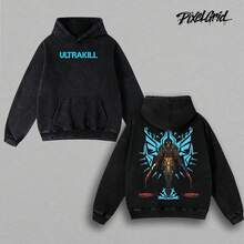 Ultrakill Gabriel Fallen Angel Gaming T-Shirt, Double-Sided, Heavyweight Washed Cotton Fabric, Graphic Print, Gaming Style, Crew Neck, Relaxed Fit, Casual Urban Style. XNDK - 黑色 - 查看 2