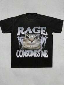Camiseta con gato "La ira me consume", camiseta de mujer con meme de gato divertido, camiseta vintage con gato desquiciado, camiseta casual de verano negra con gráfico de gato tonto - Negro - Ver 1