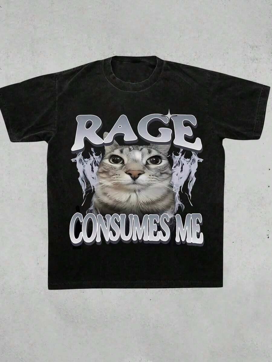 Camiseta con gato "La ira me consume", camiseta de mujer con meme de gato divertido, camiseta vintage con gato desquiciado, camiseta casual de verano negra con gráfico de gato tonto - Negro - Ver 1